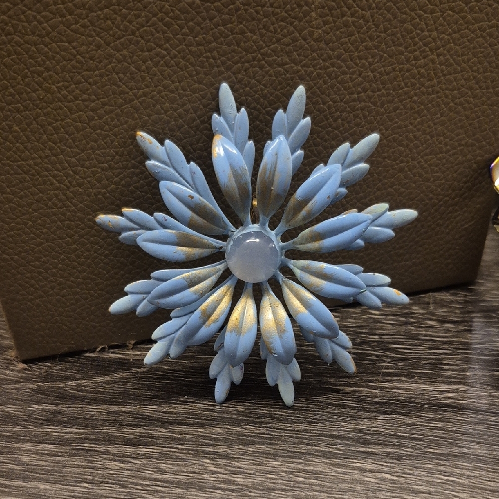 Handpainted Blue and Gold Enamel Floral Brooch Vintage Inspired